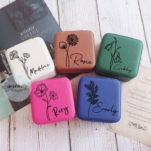 Name Jewelry Box,Birth Flower Jewelry Case,Bridesmaid Proposal Gift,Bridal Party Gifts,Gifts for Her Birthday,Leather Jewelry Travel Case image 2