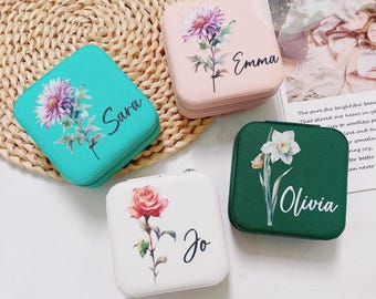 Birth Flower Jewelry Case,Engraved Jewelry Box,Leather Jewelry Travel Case,Bridesmaid Proposal Gift,Bridal Party Gift,Gifts for Her Birthday