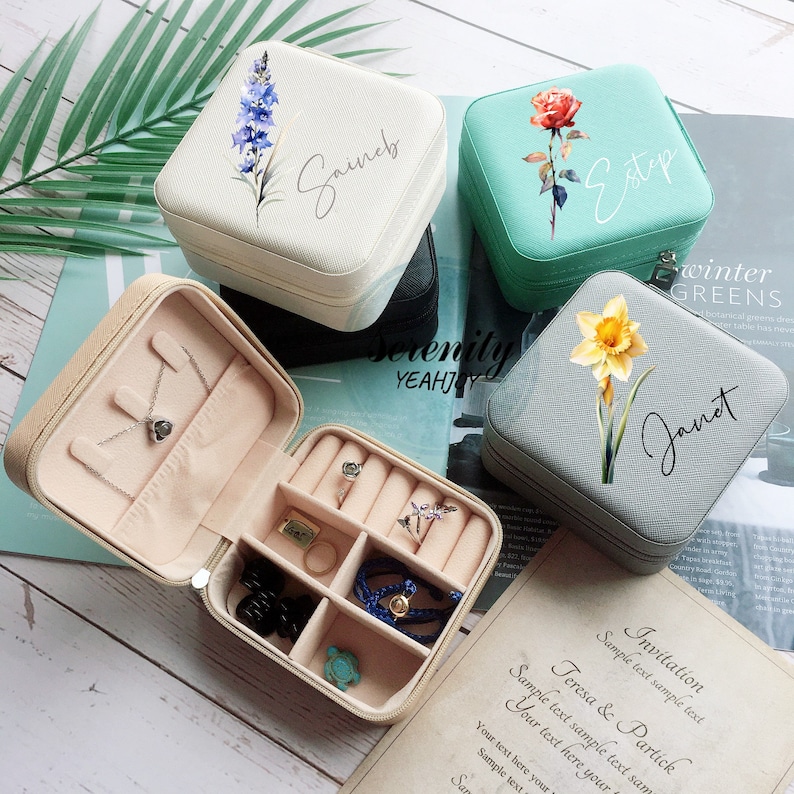 Birth Flower Jewelry Case,Name Jewelry Box,Bridesmaid Proposal Gift,Bridal Party Gifts,Gifts for Her Birthday,Leather Jewelry Travel Case image 10