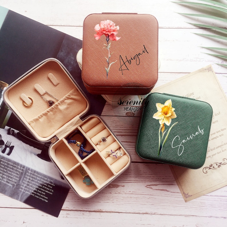 Birth Flower Jewelry Case,Name Jewelry Box,Bridesmaid Proposal Gift,Bridal Party Gifts,Gifts for Her Birthday,Leather Jewelry Travel Case image 9