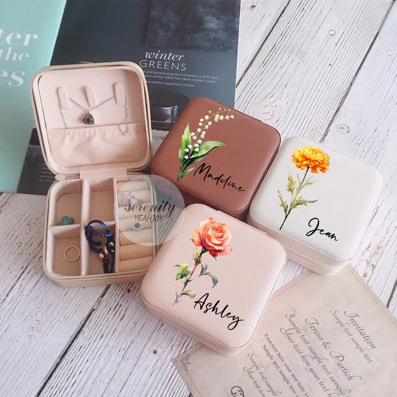Birth Flower Jewelry Case,Name Jewelry Box,Bridesmaid Proposal Gift,Bridal Party Gifts,Gifts for Her Birthday,Leather Jewelry Travel Case image 8