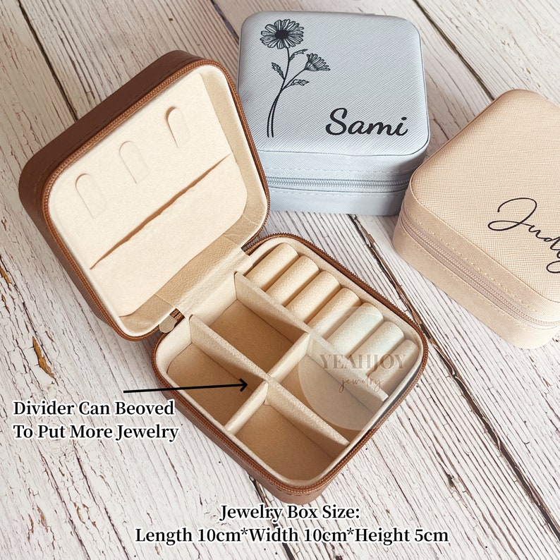 Engraved Jewelry Box,Leather Jewelry Travel Case,Bridesmaid Proposal Gift,Bridal Party Gift,Birth Flower Jewelry Case,Gifts for Her Birthday image 3