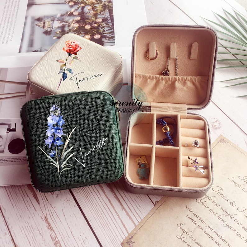 Birth Flower Jewelry Case,Engraved Jewelry Box,Leather Jewelry Travel Case,Bridesmaid Proposal Gift,Bridal Party Gift,Gifts for Her Birthday image 1