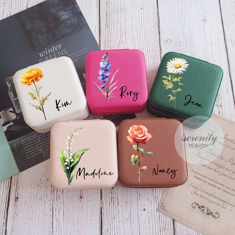 Birth Flower Jewelry Case,Name Jewelry Box,Bridesmaid Proposal Gift,Bridal Party Gifts,Gifts for Her Birthday,Leather Jewelry Travel Case image 1