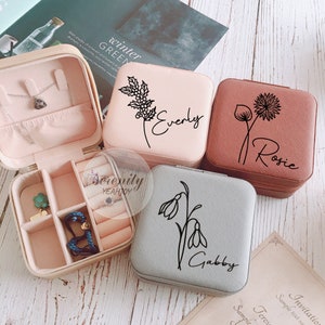 Engraved Jewelry Box,Leather Jewelry Travel Case,Bridesmaid Proposal Gift,Bridal Party Gift,Birth Flower Jewelry Case,Gifts for Her Birthday image 2