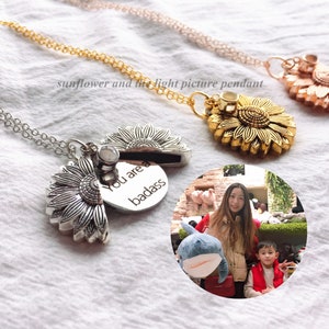 Custom Personalized  Projection Photo Necklace .Openable  both sizes engrave  Sunflower Dainty Choker pendant, You are a badass pendant