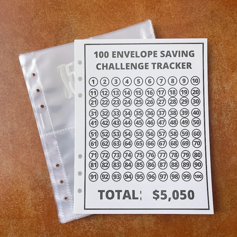 May include: A white 100 Envelope Saving Challenge Tracker with numbered circles, totaling $5,050, next to a clear plastic binder. The tracker is designed to help users save money by tracking their progress.