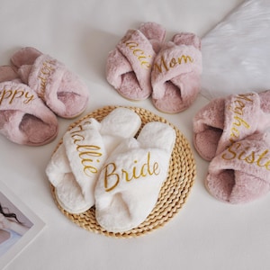Custom Fluffy Slippers, Fluffy Cross slippers, Custom Bride Slippers, Bride to Be Gift, Bridesmaid Gift, Bachelorette Party, Fluffy Slippers
