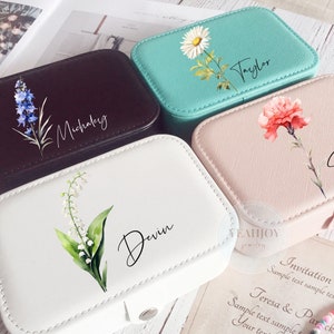 Birth Flower Jewelry Case,Name Jewelry Box,Bridesmaid Proposal Gift,Bridal Party Gifts,Gifts for Her Birthday,Leather Jewelry Travel Case