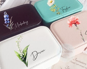 Birth Flower Jewelry Case,Name Jewelry Box,Bridesmaid Proposal Gift,Bridal Party Gifts,Gifts for Her Birthday,Leather Jewelry Travel Case