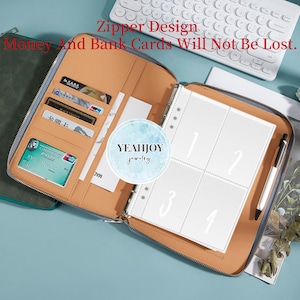 May include: Open tan zippered organizer with multiple card slots, a clear pocket, and a binder section with numbered pages. The text "Zipper Design Money And Bank Cards Will Not Be Lost" is visible. A pen rests inside the organizer.