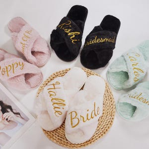Custom Fluffy Slippers, Fluffy Cross slippers, Custom Bride Slippers, Bride to Be Gift, Bridesmaid Gift, Bachelorette Party, Fluffy Slippers