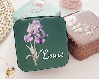 Birth Flower Engraved Leather Jewelry Travel Case, Bridesmaid Gift
