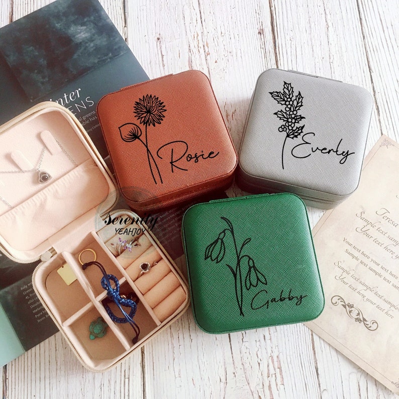 Engraved Jewelry Box,Leather Jewelry Travel Case,Bridesmaid Proposal Gift,Bridal Party Gift,Birth Flower Jewelry Case,Gifts for Her Birthday image 1