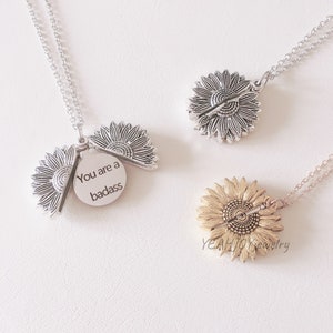 Personalized Sunflower Locket Necklace: Engraved Name Pendant