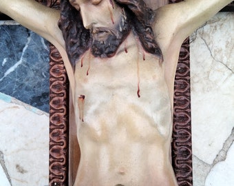 Corpus Christi, Religious Christian Relic, Church  Antiquity/Plaster Crucifix 78 cm/Plaster Christ Crucifix, Wooden Cross.