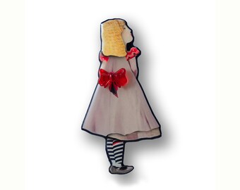Alice in Wonderland Brooch: Handmade Paper Collage Resin Pin, Italy