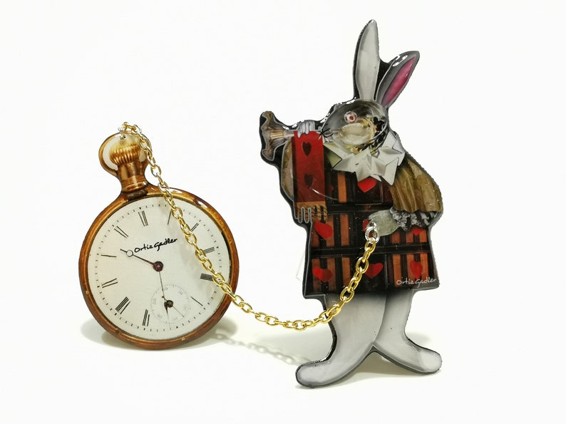 The White Rabbit and the Pocket Watch UPCYCLED BROOCH Unique Resin and