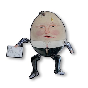 Spilla Humpty Dumpty con braccia e gambe dondolanti in carta e resina  - Disegno in collage unico - Regalo per tutti in confezione rossa.