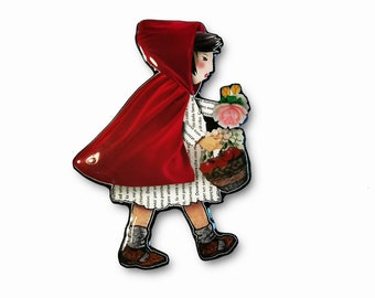 Little Red Riding Hood brooch made in resin from unique paper collage – Handmade in Italy.