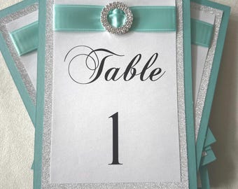 Aqua Blue Glitter Table Numbers for Weddings, Mitzvah, Sweet Sixteen, Bridal Shower