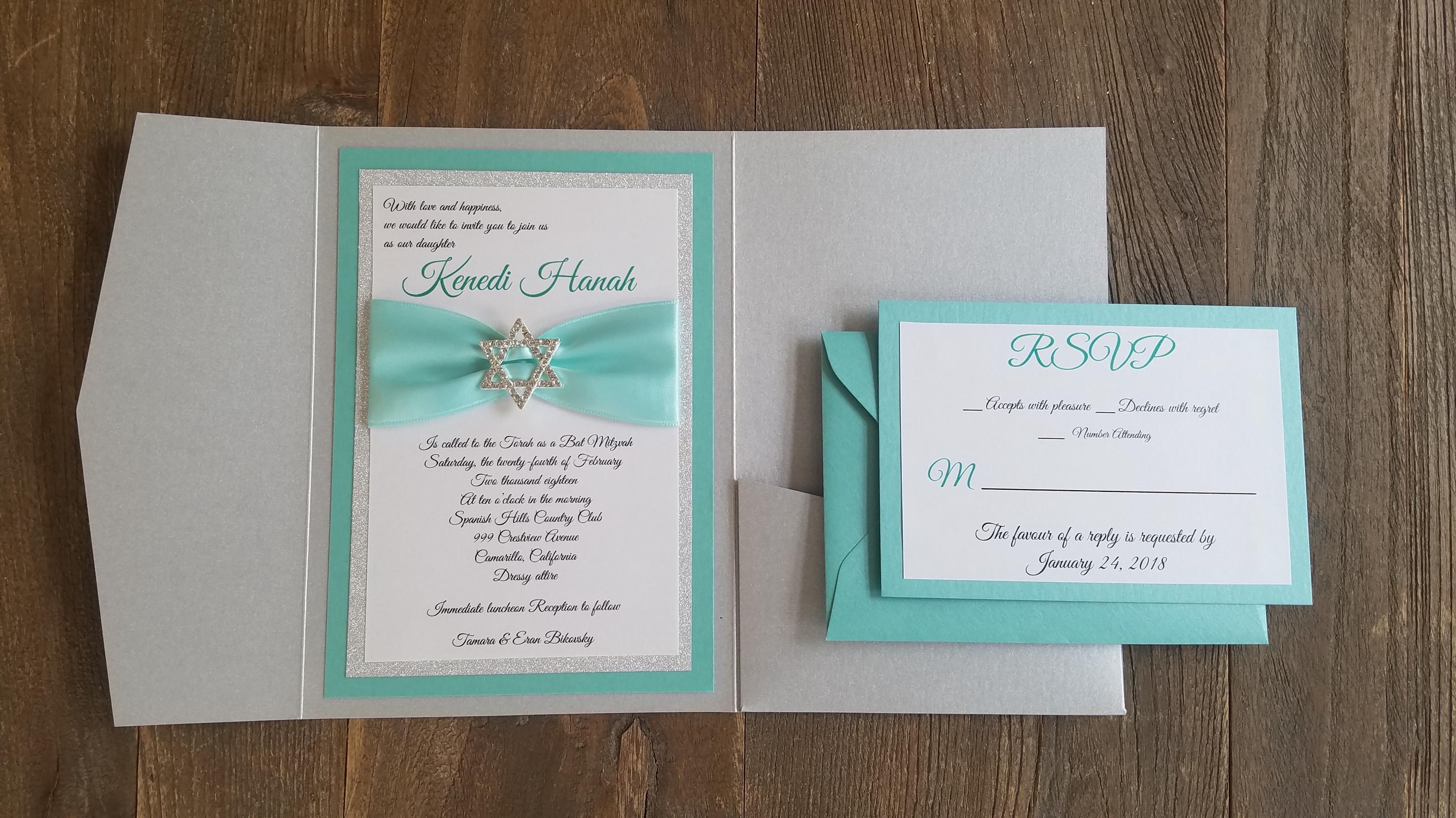 Blue and Silver Bat Mitzvah Pocket Invitation - Etsy, image size:3000x1687