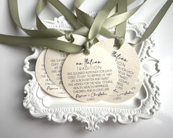 May include: Cream-colored, round tags with olive green ribbons, arranged on a white decorative tray. The tags feature the text "an Italian Tradition" and a message about sugared almonds. The names Rosaria and Christopher, along with the date 11.08.25, are also printed on the tags.
