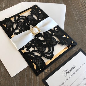 Elegant Black Lace Laser Cut Wedding Invitation Set with Gold Accents