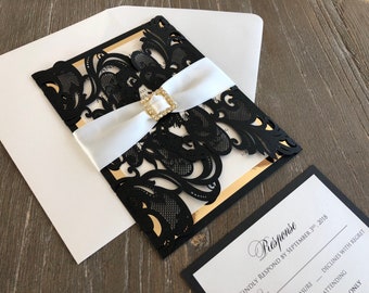 Elegant Black Lace Laser Cut Wedding Invitation Set with Gold Accents