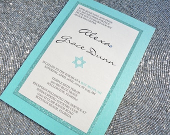 Aqua Blue Bat Mitzvah Invitation with Glitter & Sparkle Accents