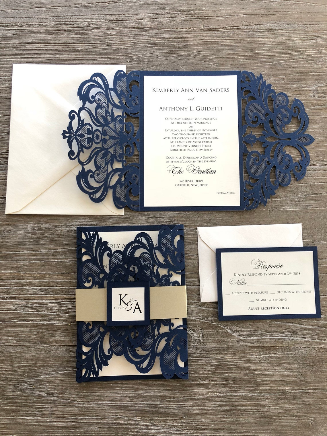 Navy Laser Cut Wedding Invitation Gold Belly Band image 3