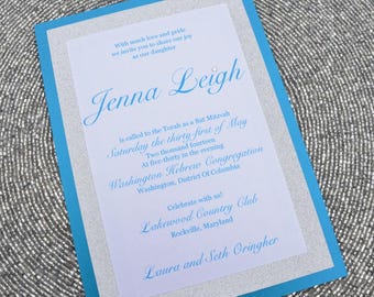 Turquoise and Silver Bat Mitzvah Invitation | Sweet 16 Invitation