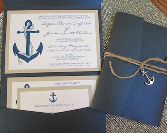 Nautical Pocket Wedding Invitation, Navy Blue Wedding Invitation