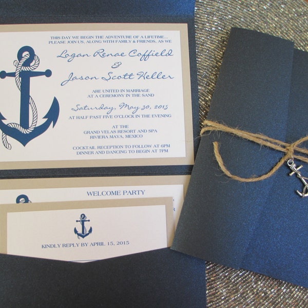 Navy Blue, Anchor, Nautical Wedding Invitation