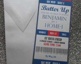 Invitación de cumpleaños con boleto de béisbol, primer cumpleaños,
