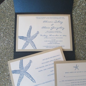 Beach Theme, Destination Wedding Invitation, Starfish, Navy Blue, Pocket Invitation image 3