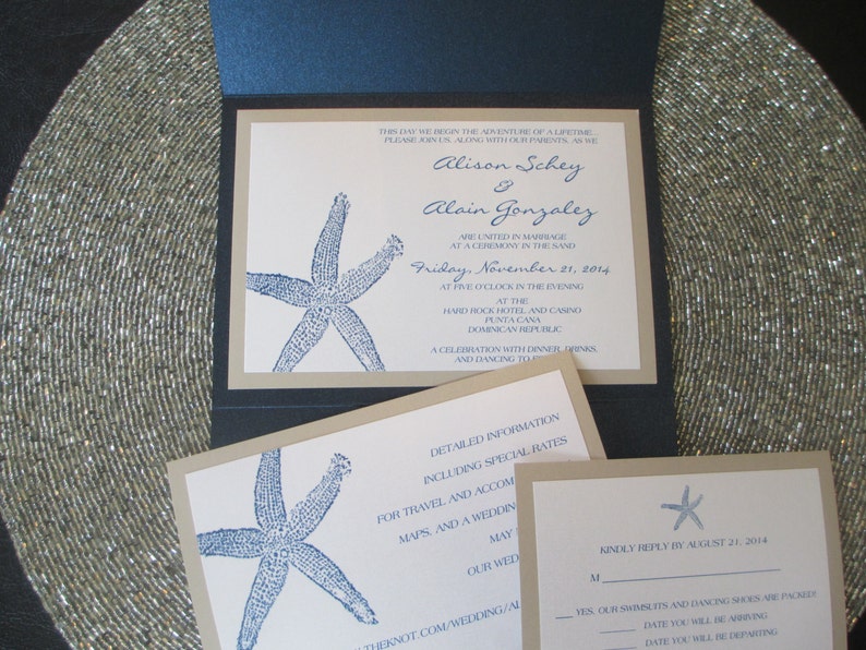 Beach Theme, Destination Wedding Invitation, Starfish, Navy Blue, Pocket Invitation image 3