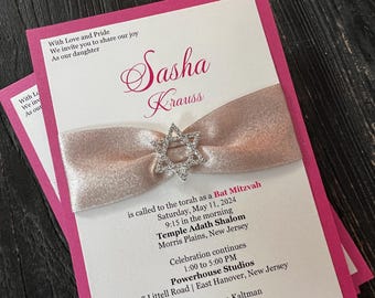 Elegant Pink and Gold Bat Mitzvah Invitation with a Rhinestone Star of David