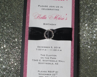 Pink and Black Glitter Sweet Sixteen Invitation