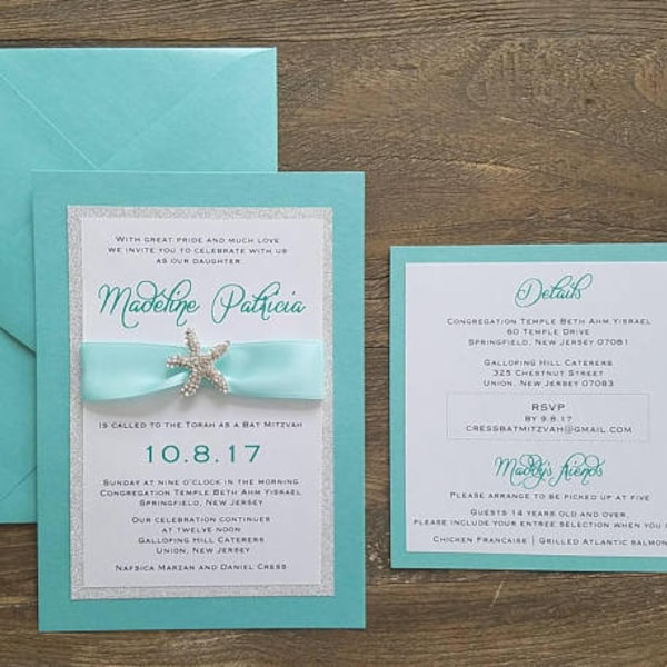 Aqua Blue Under the Sea Invitation, Sweet 16, Bat Mitzvah, Starfish