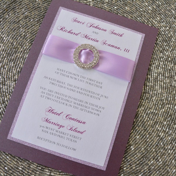 Purple and Sparkles Wedding Invitation, Rhinestone Buckle, Eggplant, Lavender