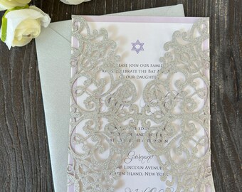 Glitter Laser Cut Bat Mitzvah Invitation