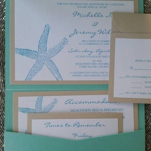 Beach Theme, Destination Wedding Invitation, Starfish, Navy Blue, Pocket Invitation image 5