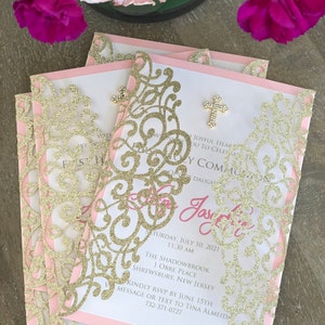 Erste Kommunion Einladung, Rosa und Gold Kommunion einladen, Mädchen Taufe einladen, Taufeinladung für Mädchen