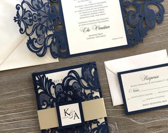 Navy Laser Cut Wedding Invitation, Wedding Invitation Suite, Navy and Gold Invitation Set