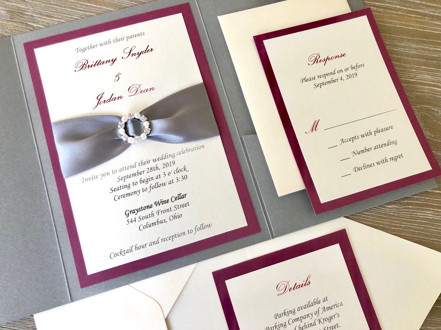 Grey and Burgundy Pocket Wedding Invitation, Fall, Rhinestone and Pearl Buckle