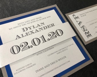 Bar Mitzvah Invitation in Silver and Blue, Boys Mitzvah Invite,