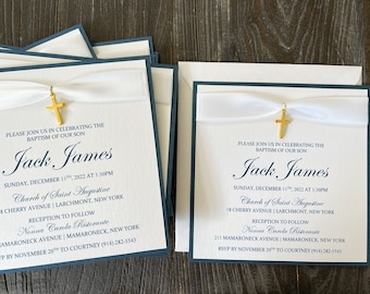 Navy and White Baptism Invitation | Gold Cross Charm | First Holy Communion