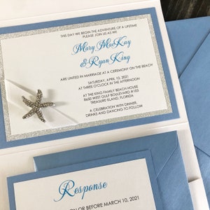 Elegant Tropical Pocket Wedding Invitation with Starfish Crystal Slider - Perfect for Beach Theme Weddings