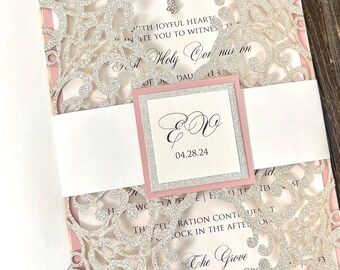 Blush and Silver Glitter Communion Invitation | Baptism Invite